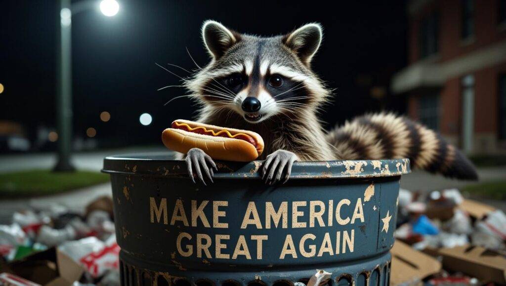 A raccoon mid-heist in a trash can